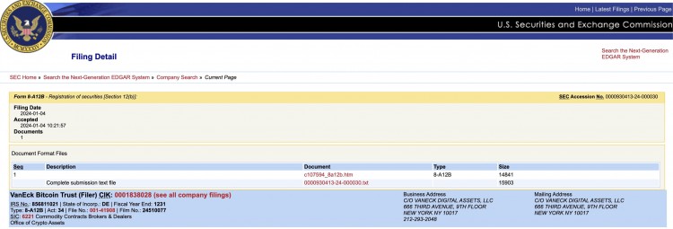 VanEck 比特幣信託提交註冊(cè)申請(qǐng)