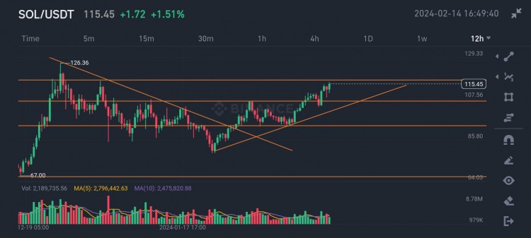 SOL上漲企圖突破117預計創下新高135到150建議不要錯過買入機會